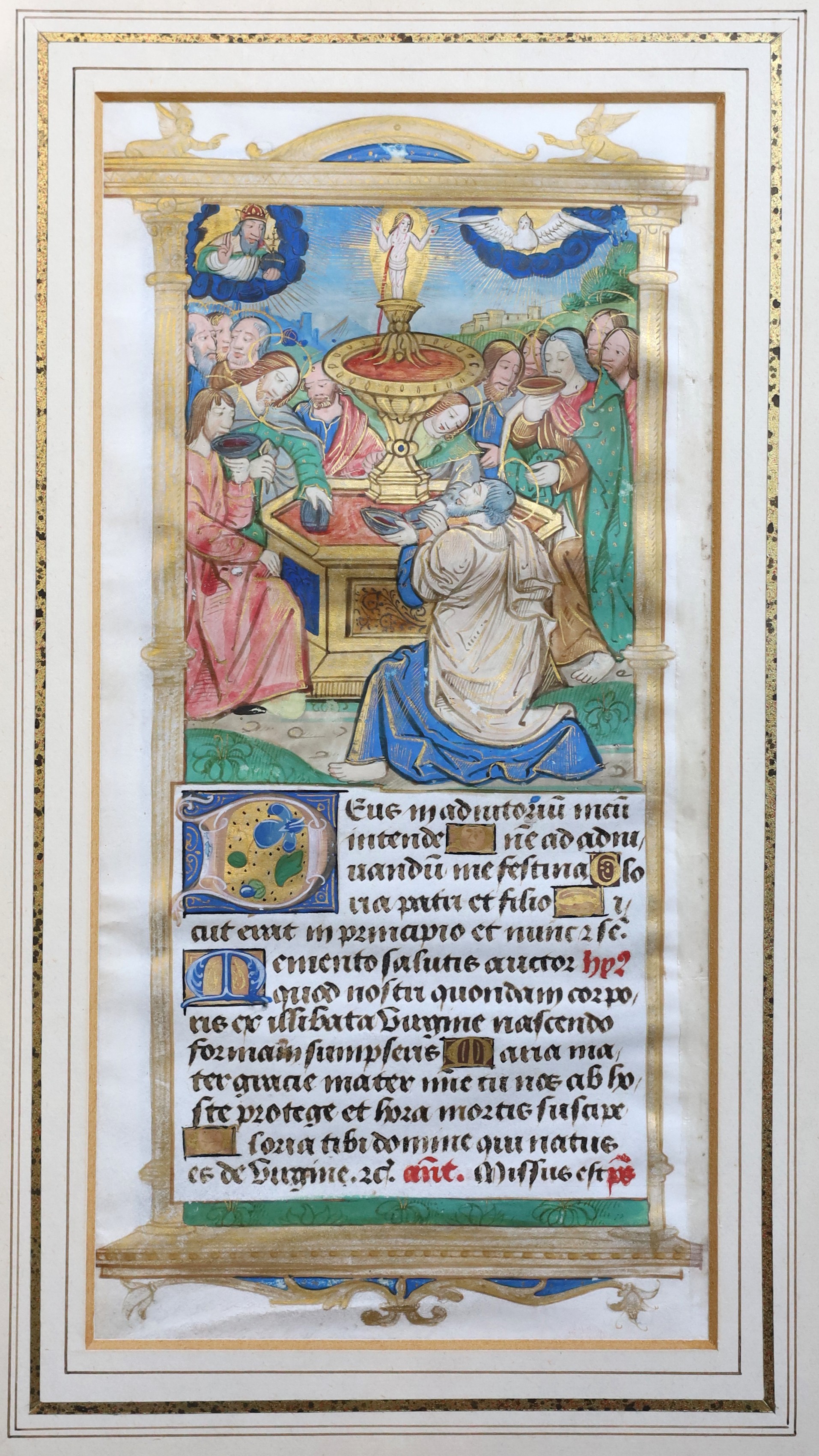 Early 16th century French School, 'The Apostles drinking from the Fountain of Life’, illuminated leaf watercolour and gold leaf on vellum, c.1500, 21 x 11cm.